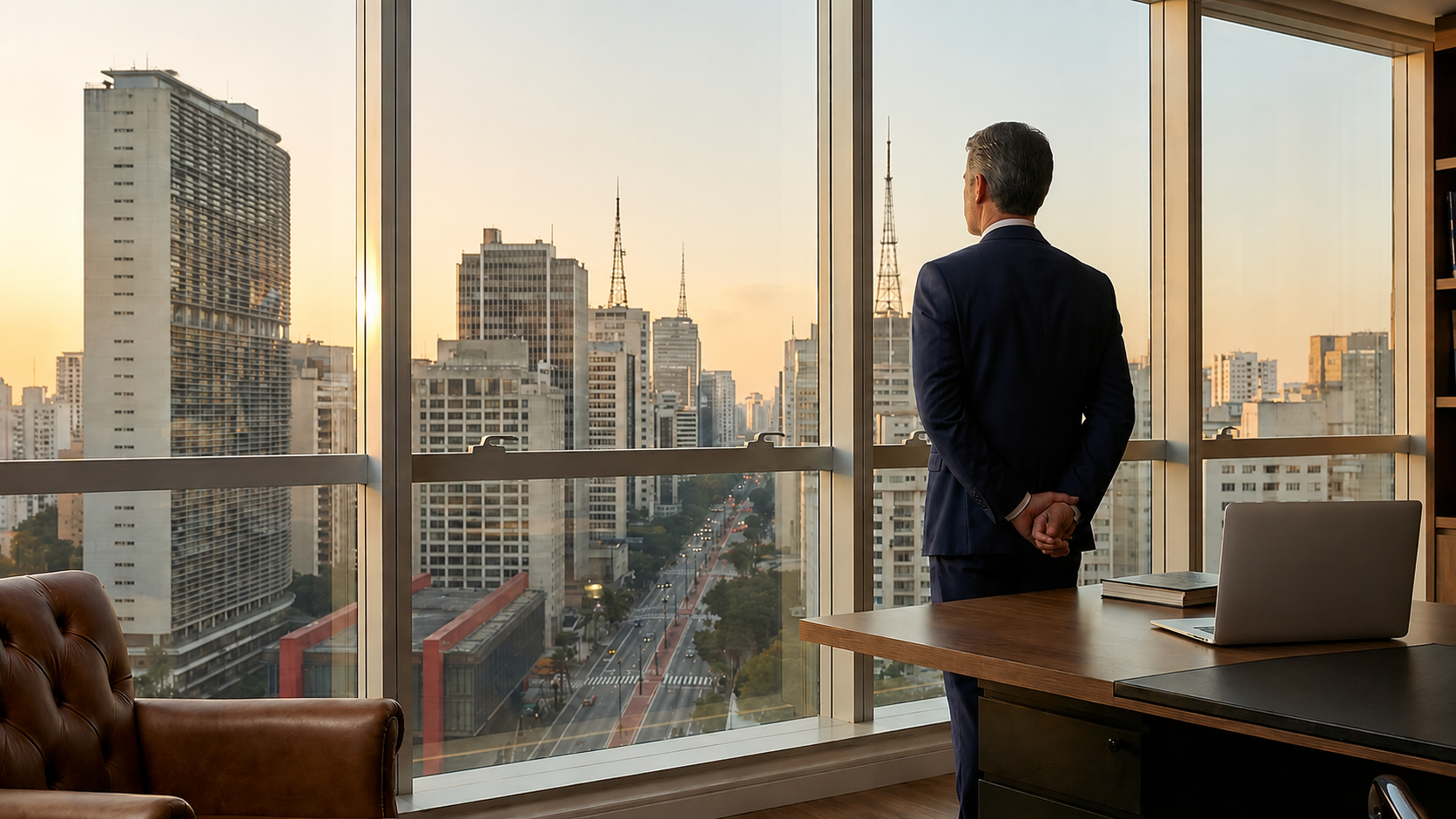 Executivo observando o skyline de São Paulo